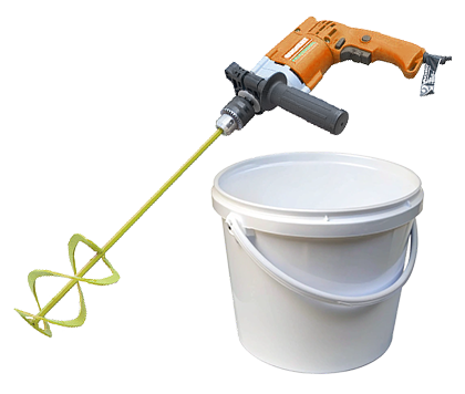 Prepare tile glue in plastic bucket using mixer